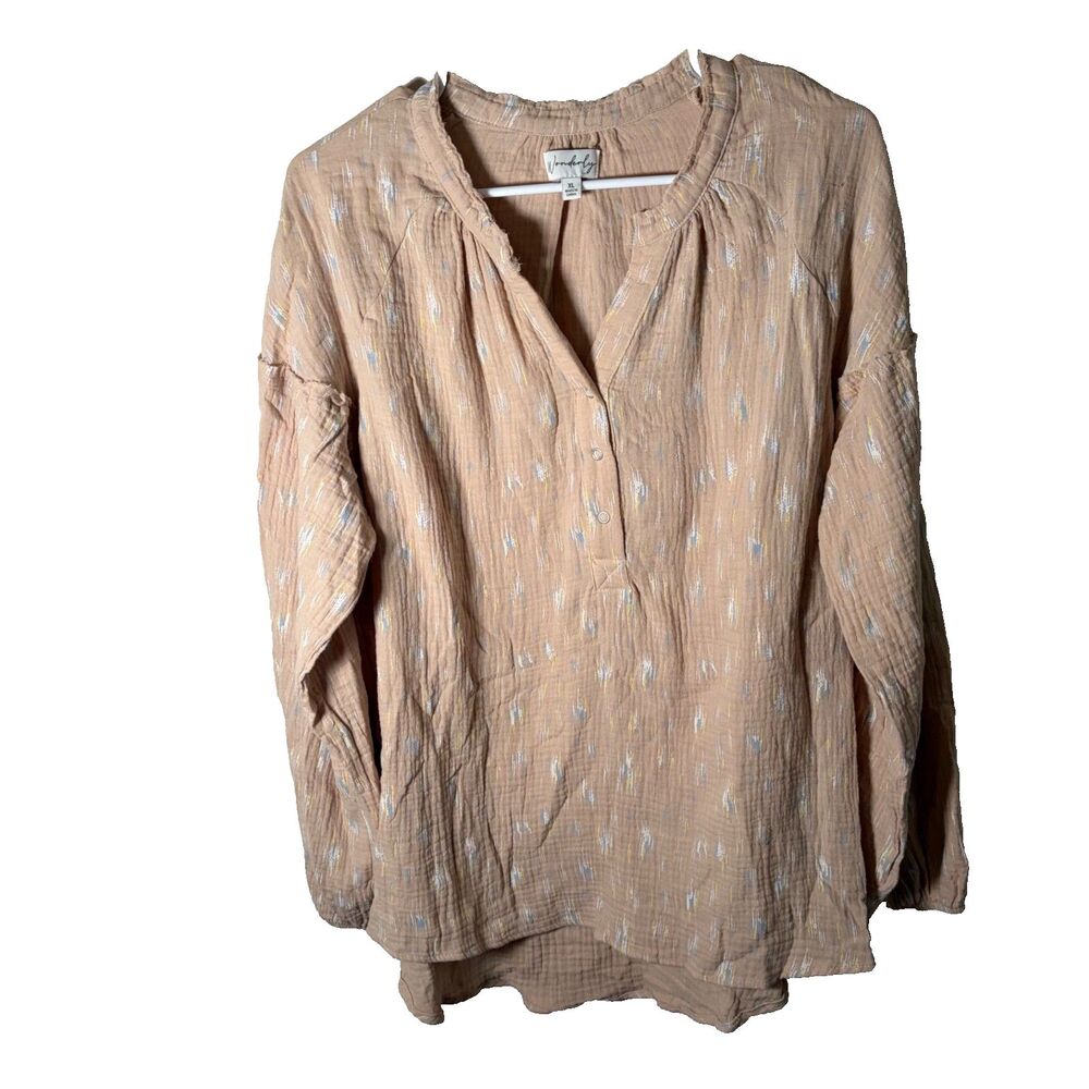Wonderly Blouse Women's XL Beige Printed Gauze V-Neck Long Sleeve Top Shirt